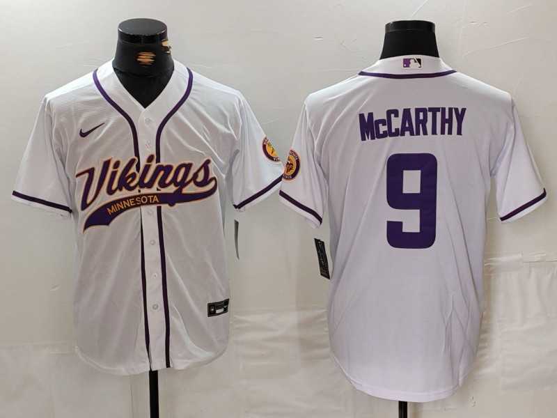 Men%27s Minnesota Vikings #9 JJ McCarthy White Cool Base Stitched Baseball Jersey